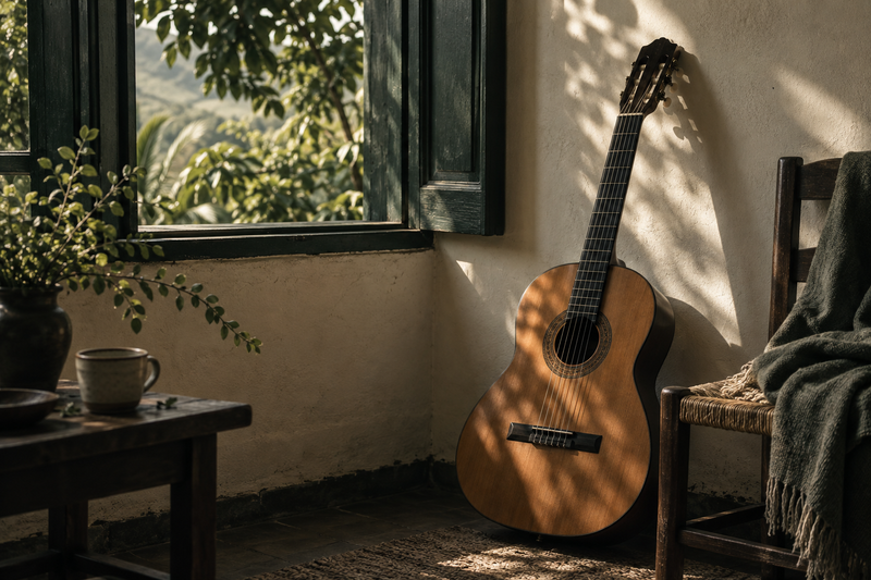 Nylonsnarige gitaar bij een open raam met zachte bladschaduwen op de muur.