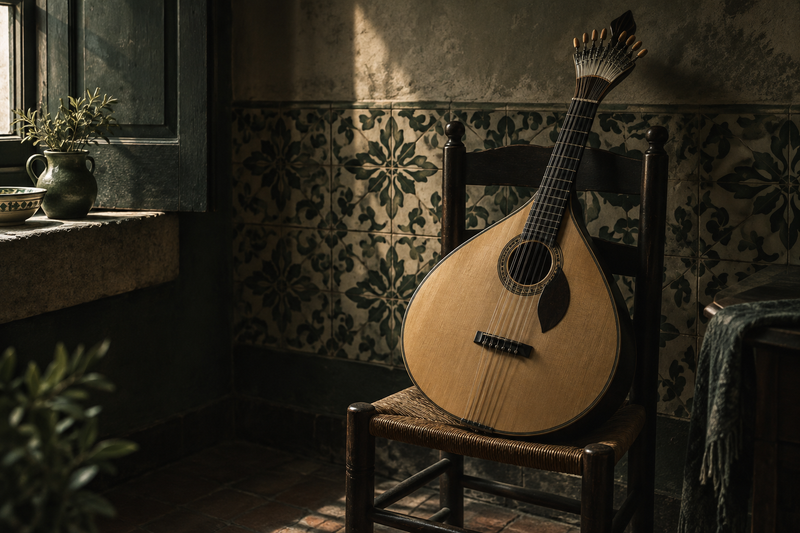 Peervormige Portugese gitaar op een houten stoel naast een betegelde muur.
