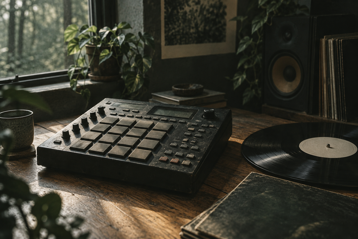 Sampler met grote rubberen pads naast een vinylplaat op een houten tafel.