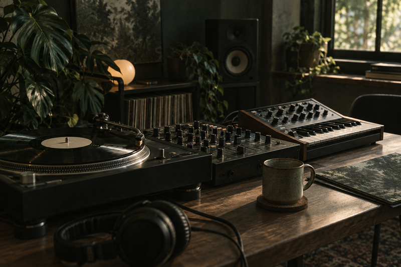 Dj-mengpaneel naast een klein keyboard in een gedempte muziekruimte.