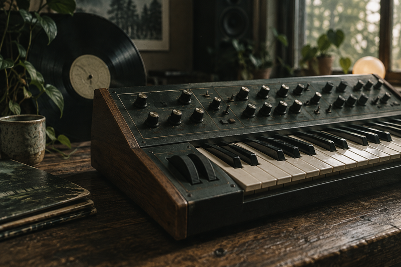 Vintage synthesizer met een toonhoogtewiel en een vinylplaat erachter.