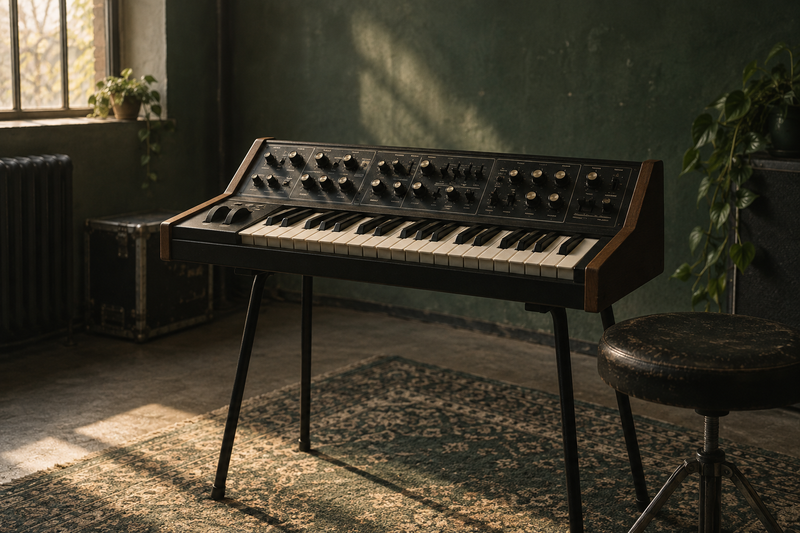 Analoge synthesizer met toetsen en draaiknoppen in een sober verlichte oefenruimte.