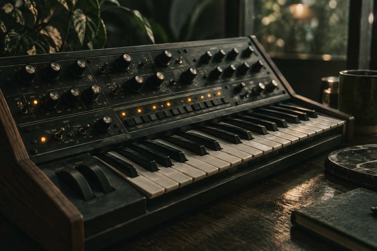 Vintage synthesizer met toetsen, draaiknoppen en kleine amberkleurige lampjes.