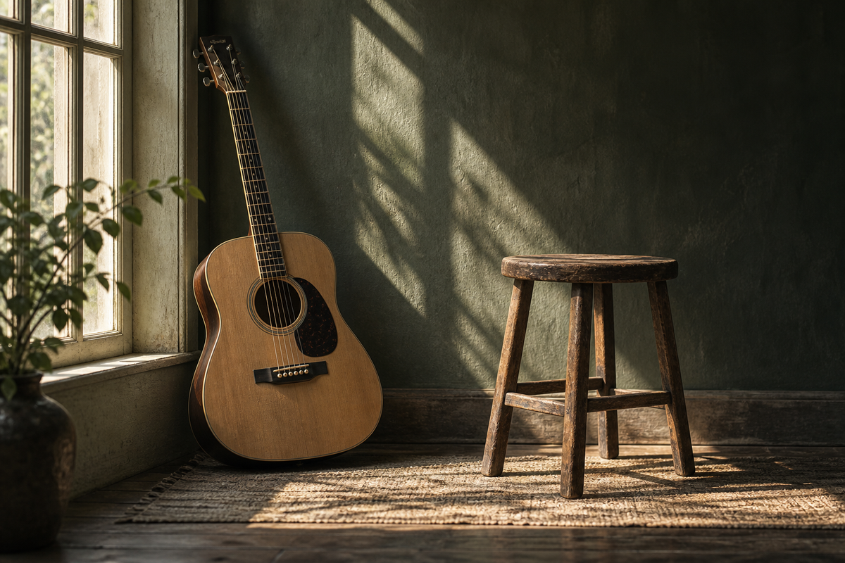 Akoestische gitaar naast een houten kruk in een eenvoudig verlichte ruimte.