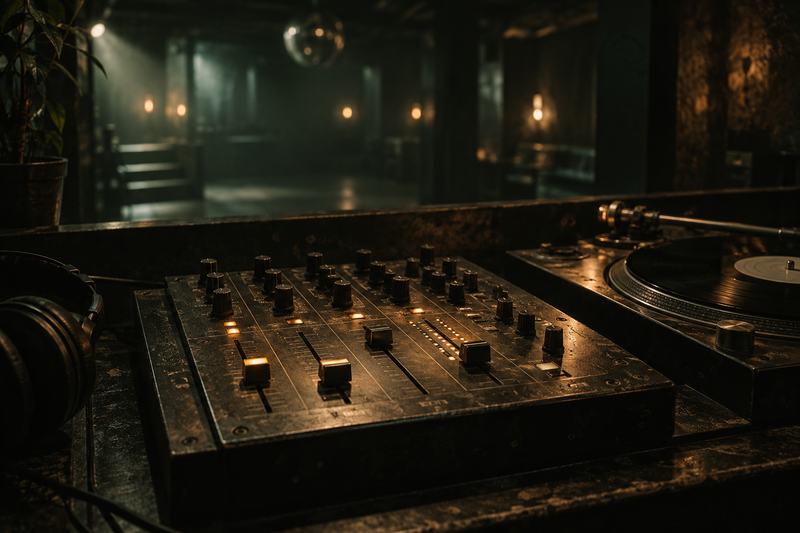 Mengpaneel in een lege dj-booth, met de rand van een vinylplaat ernaast.