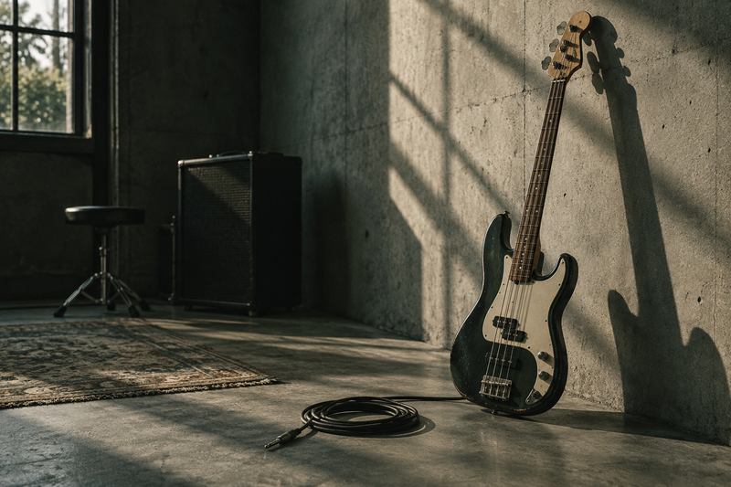 Basgitaar tegen een betonnen muur met een opgerolde kabel op de vloer.