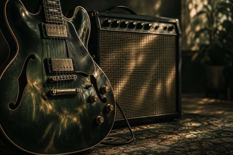 Vintage gitaar en versterker met zachte groene en amberkleurige lichtpatronen.