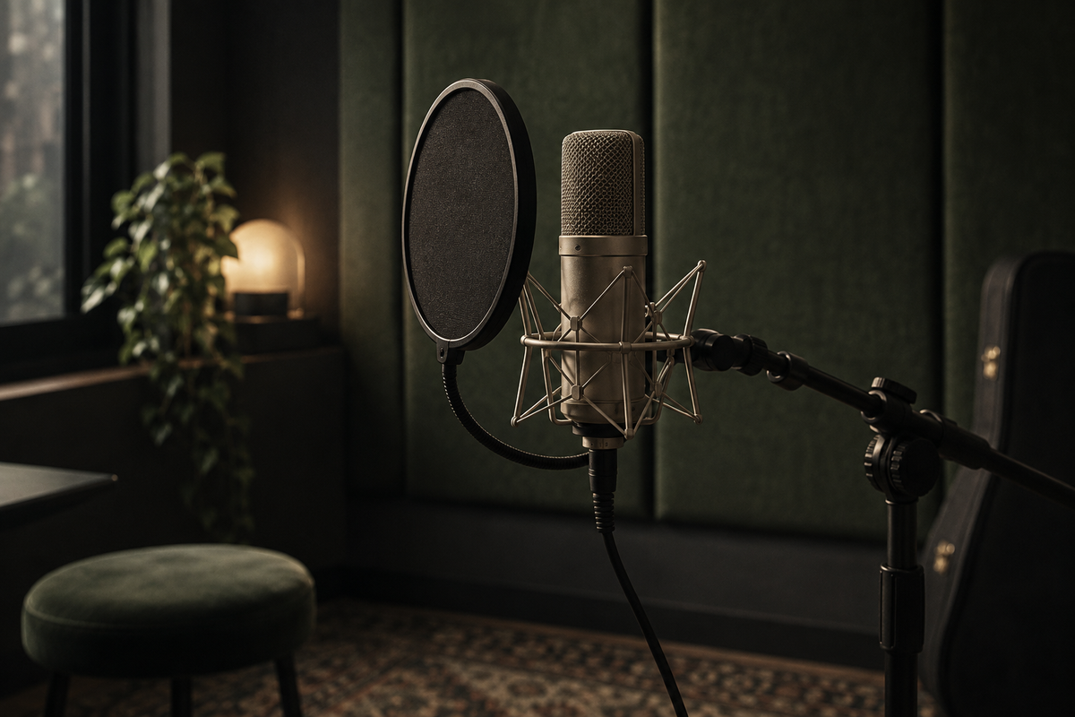 Studiomicrofoon met rond popfilter voor een gedempte groene achtergrond.