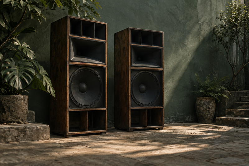 Houten luidsprekerkasten van een soundsystem in een rustige binnenplaats.