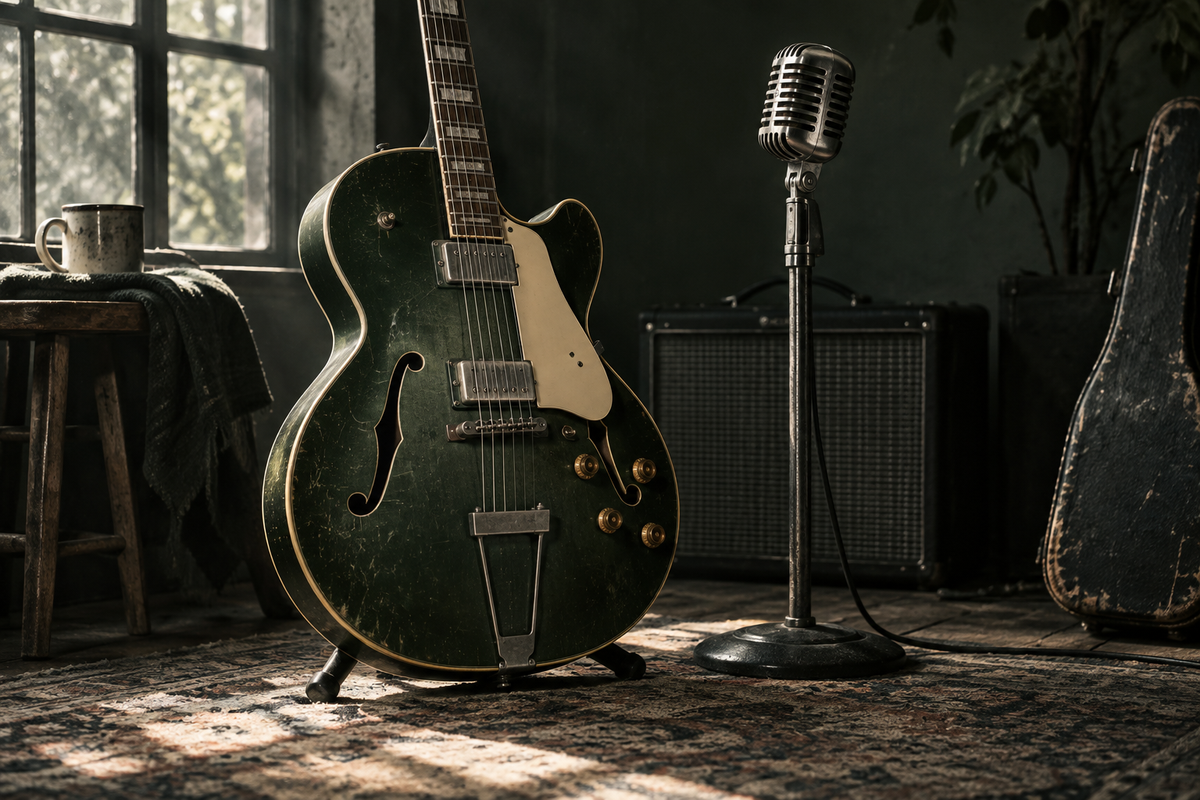 Holle elektrische gitaar met crèmekleurige slagplaat naast een vintage microfoon.