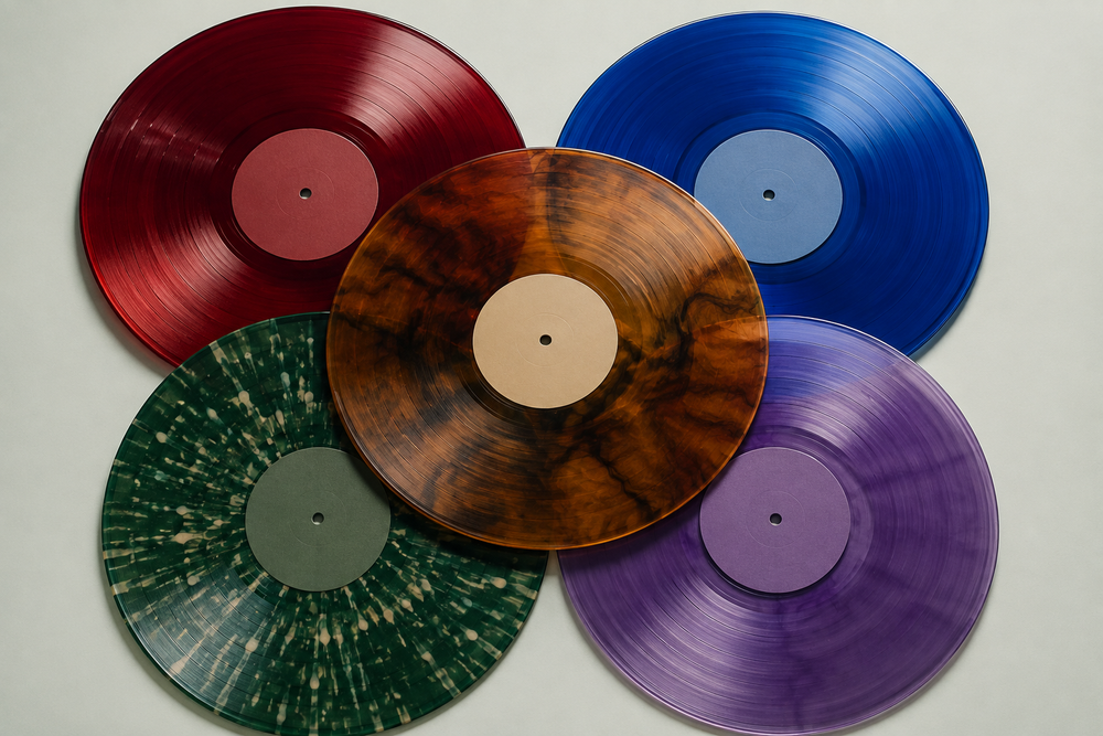 Gekleurde Elpee platen in diverse kleuren rood, blauw, groen, paars en koper