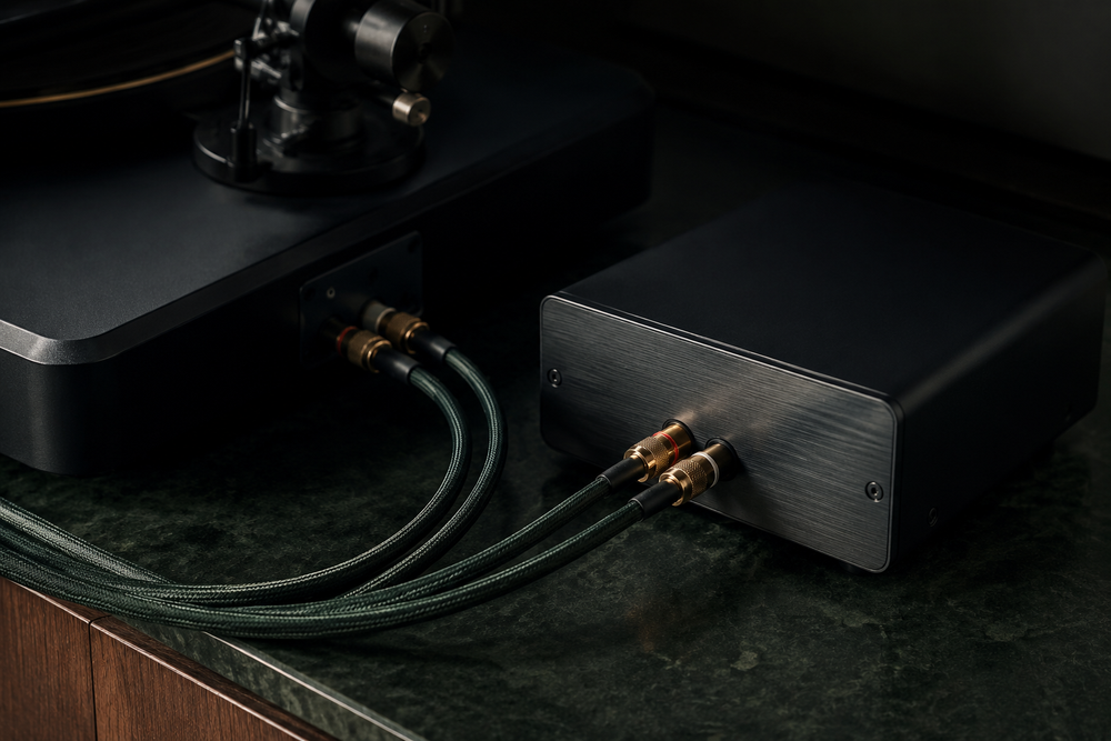 Detailopname van een platenspeler die met audiokabels is aangesloten op een externe phono stage.