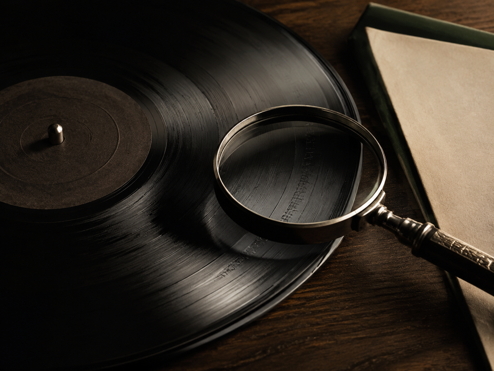 Runout en matrixcode van een vinylplaat bekijken met een vergrootglas