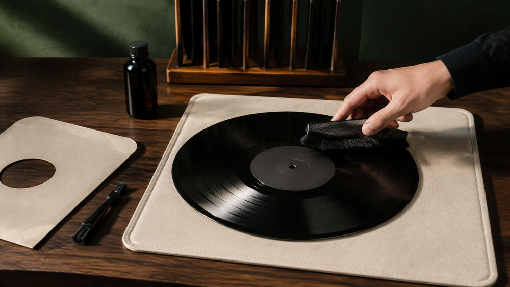 Vinylplaat die voorzichtig wordt gereinigd met een platenborstel op een donkere houten werktafel