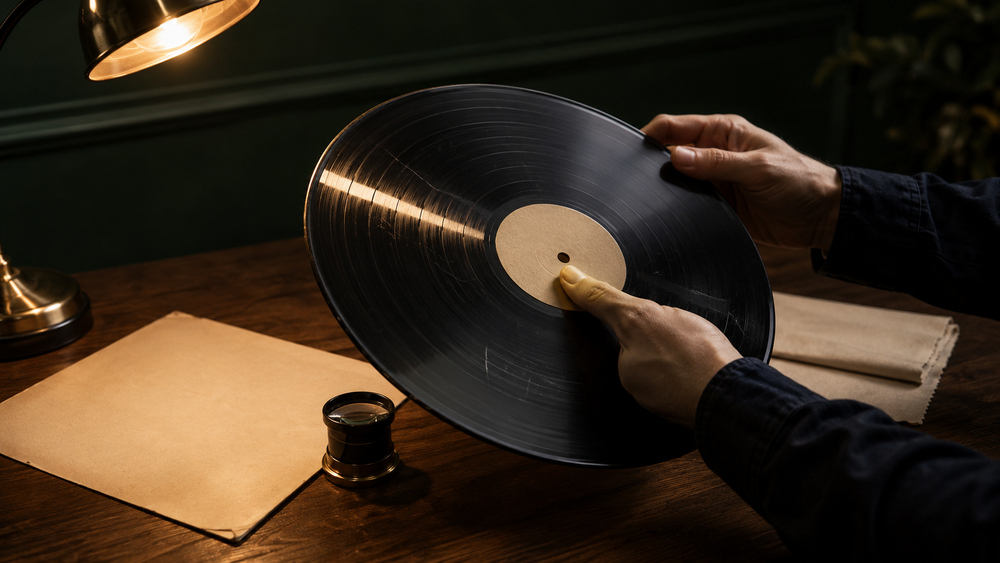 Vinylplaat die onder gericht licht wordt gecontroleerd op krasjes en gebruikssporen