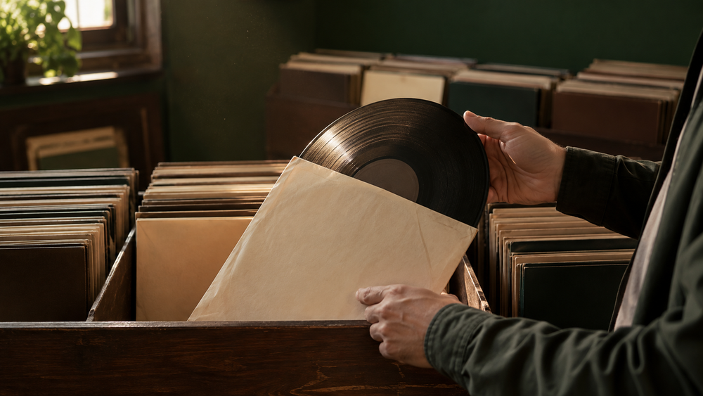 Gebruikte vinylplaat die voorzichtig uit de hoes wordt gehaald tijdens het zoeken in een platenbak