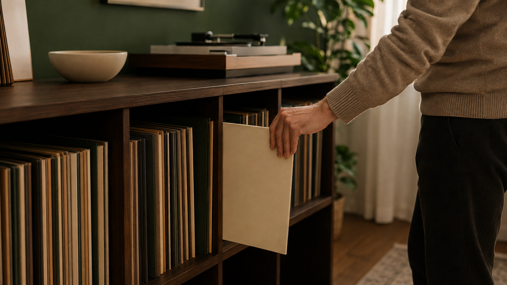 Vinylplaten rechtop en beschermd opgeborgen in een platenkast