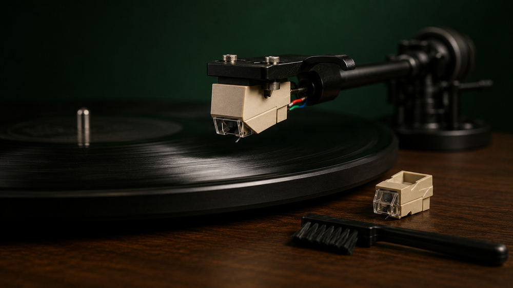 Platenspelernaald boven een vinylplaat met stylusborstel en vervangende naald.