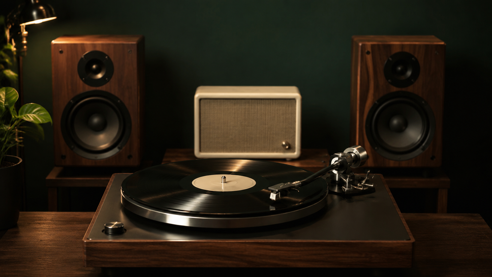 Platenspeler met een centrale monospeaker en twee stereospeakers in een donkere luisterruimte.