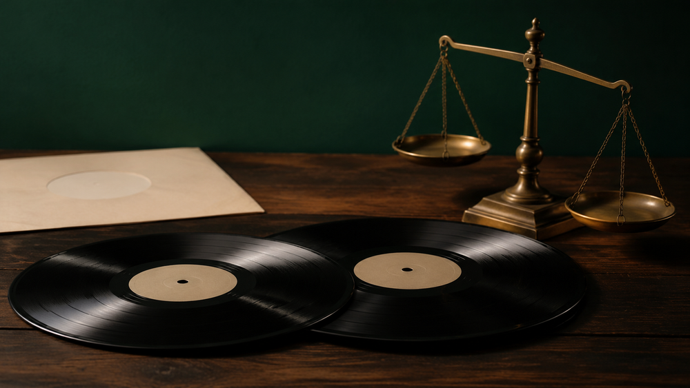 Twee zwarte vinylplaten met verschillende diktes naast een klassieke balansweegschaal.