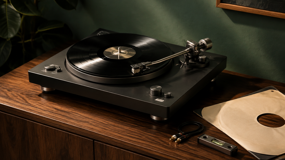 Degelijke platenspeler met vinylplaat, aansluitkabels en waterpas op een houten meubel.