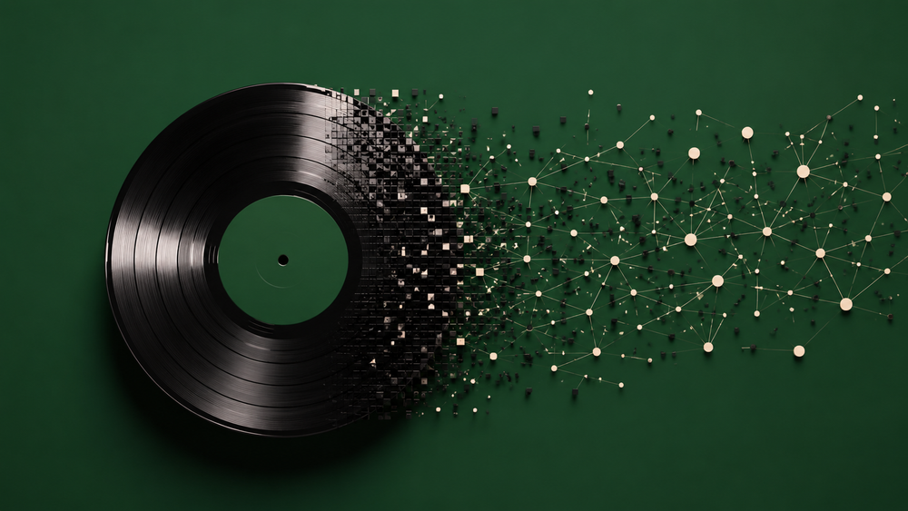 Zwarte vinylplaat die uiteenvalt in digitale bestanden en een netwerk
