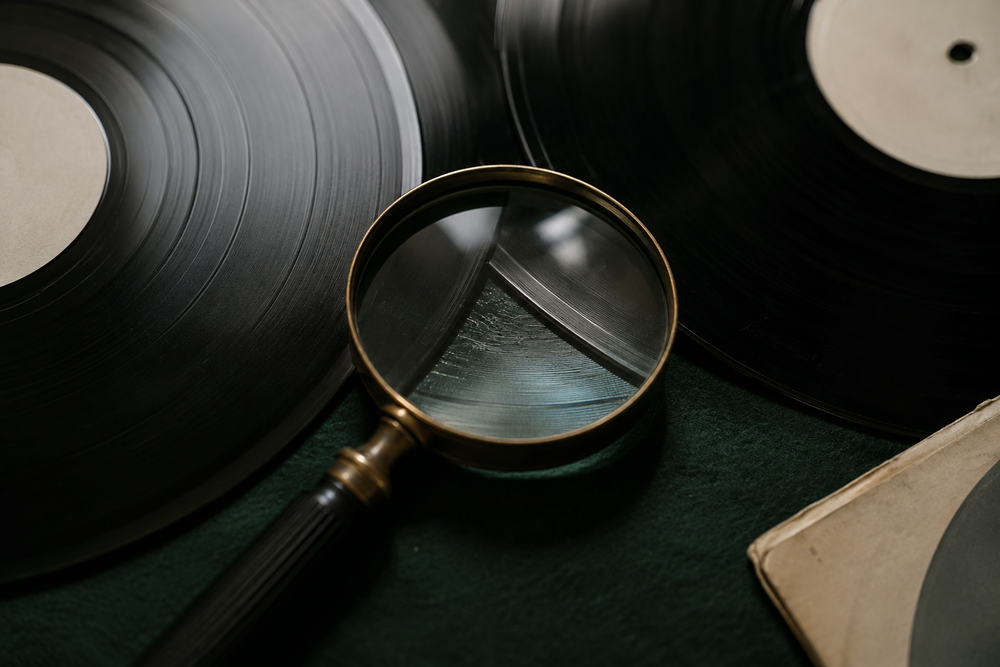 Vergrootglas boven de uitloopgroeven van twee zwarte vinylplaten op een donkergroene ondergrond.