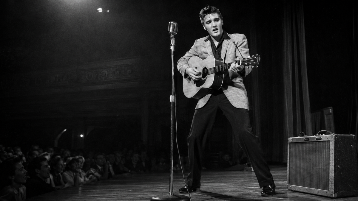 Elvis Presley tijdens een optreden in de jaren vijftig — originele SJELF-editorial hero