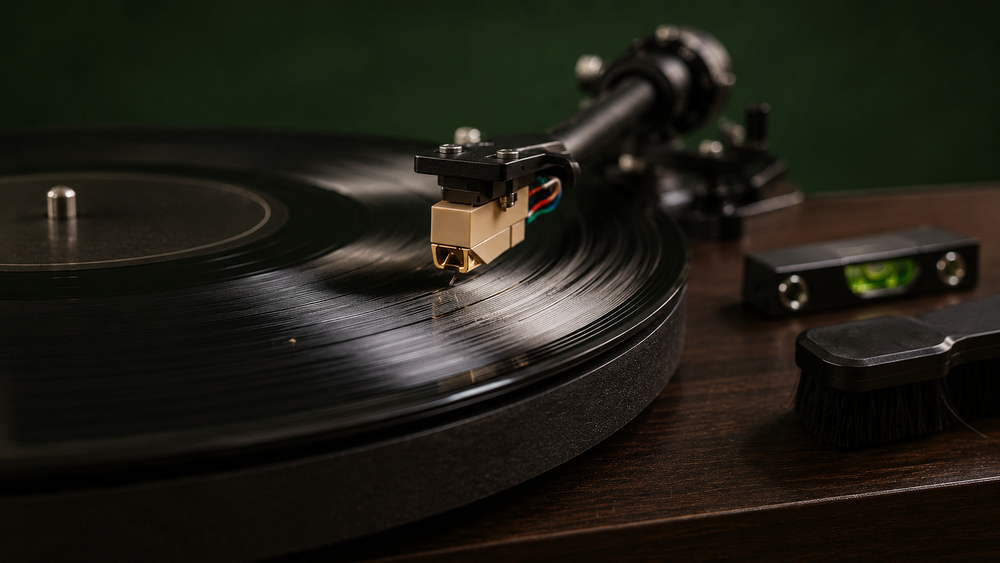 Platenspelernaald die een vinylplaat volgt met stof in de groeven, een waterpas en platenborstel ernaast.