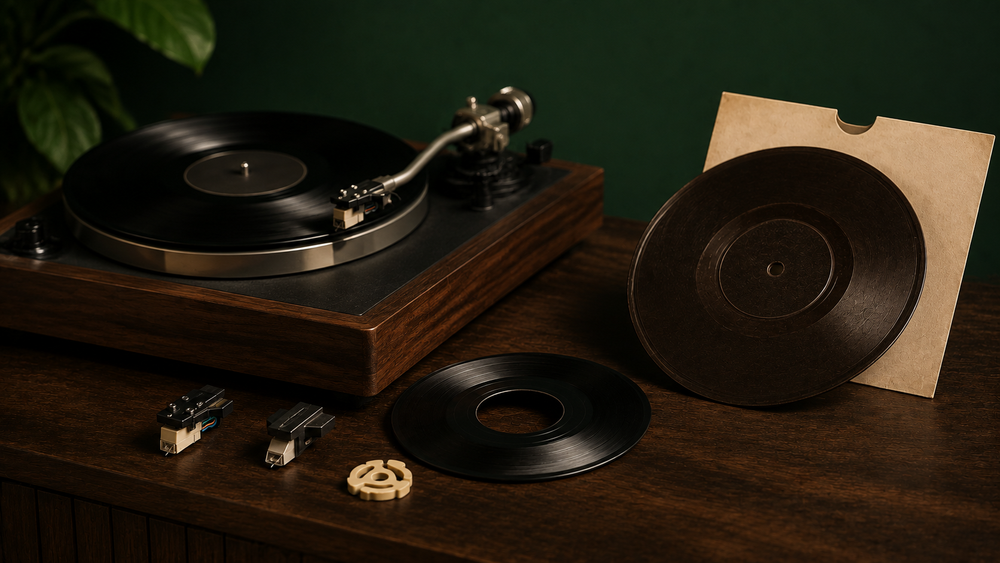 Lp, zeveninchsingle met adapter en oude 78-toerenplaat naast een platenspeler.