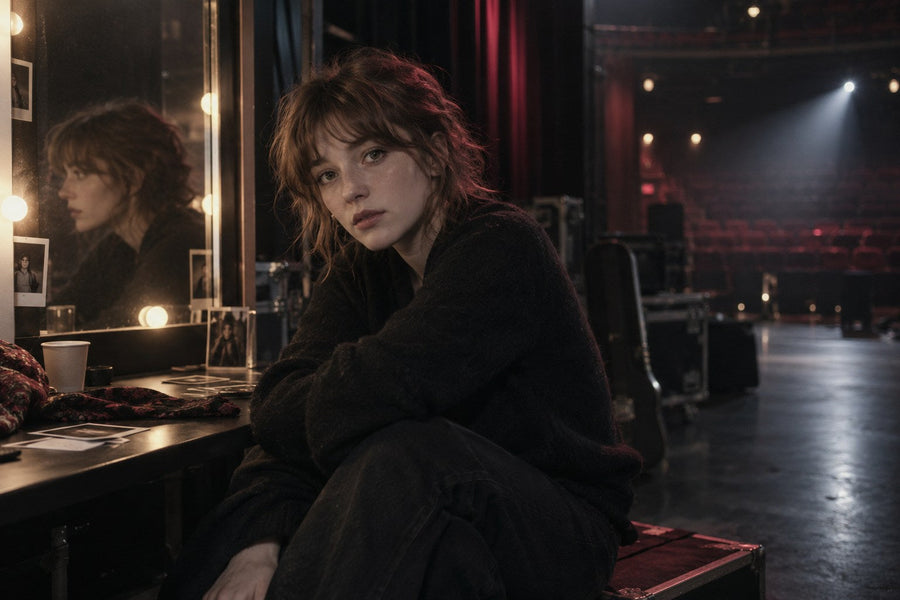 AI-illustratie van een fictieve backstage-scène met een vrouw bij een verlichte spiegel en een lege theaterzaal; geen foto van Froukje.