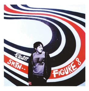 Albumhoes van Figure 8 van Elliott Smith: Smith staat voor een muur met golvende zwarte, witte en rode banen, met naam en albumtitel in de rode baan.