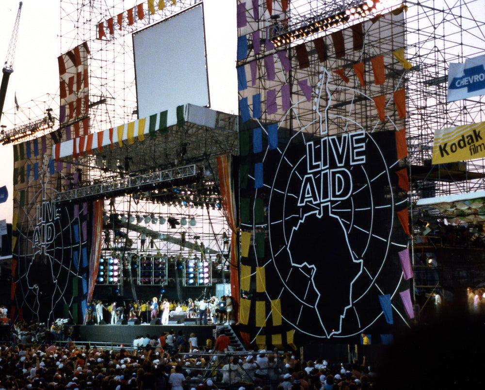 Led Zeppelin met gastmuzikanten tijdens Live Aid in JFK Stadium, Philadelphia, 13 juli 1985