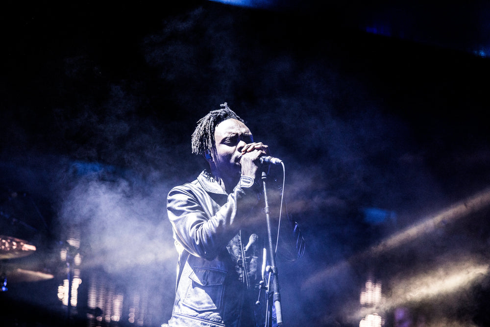 Massive Attack-concert op Festival Internacional de Benicàssim in 2016, met zang in blauw podiumlicht