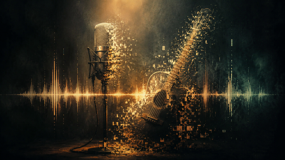 Conceptueel beeld van een microfoon en gitaar die uiteenvallen in digitale fragmenten