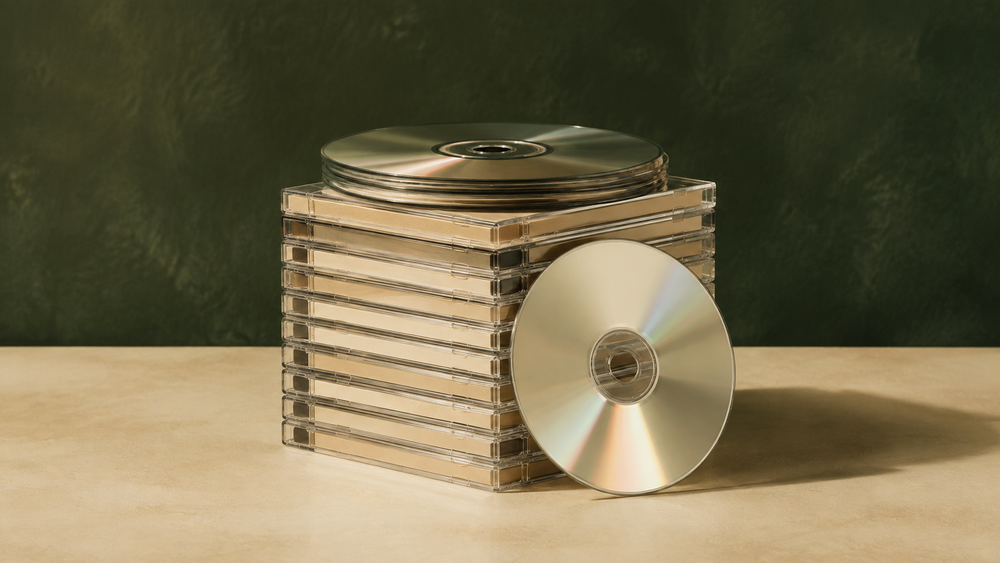 Stapel cd-doosjes en zilveren compact discs met een los schijfje ervoor