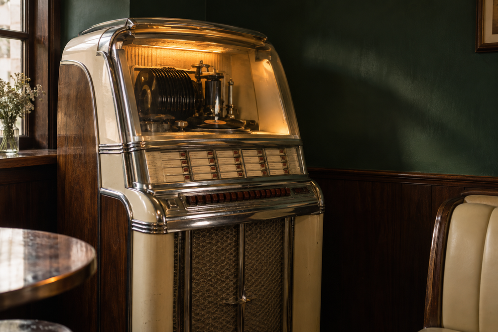 Jukebox met verlichte singles en chromen details tegen een donkergroene wand.