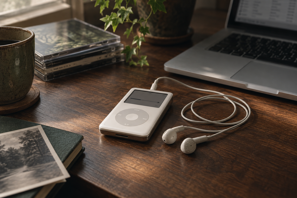 Witte mp3-speler met ronde bediening en bedrade oordopjes naast een laptop.