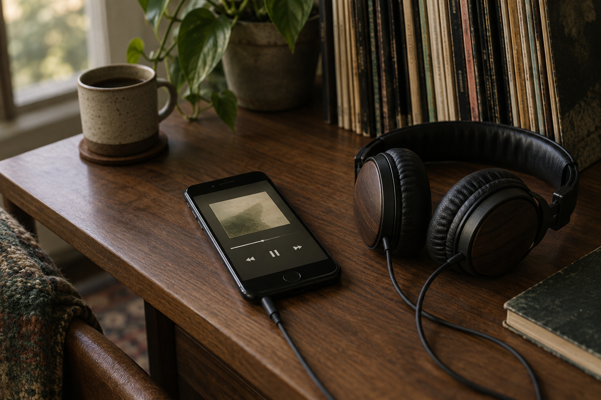 Smartphone met muziekspeler en hoofdtelefoon, met platen op de achtergrond.