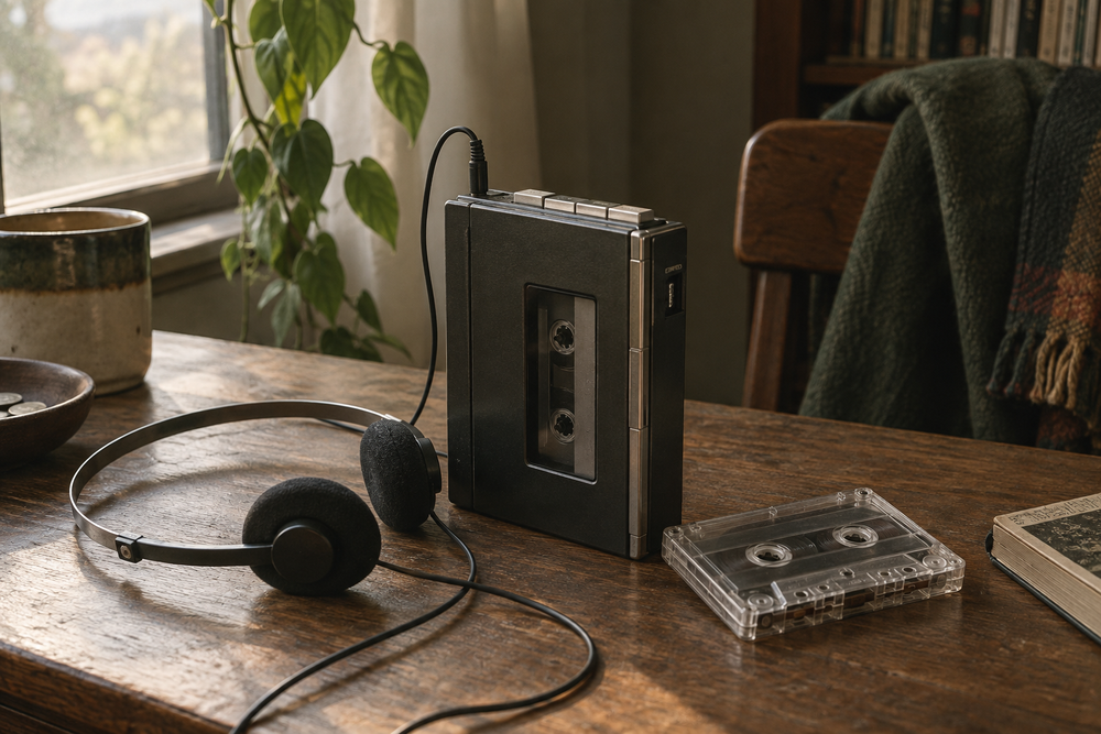 Draagbare cassettespeler met lichte hoofdtelefoon en een losse cassette op een houten tafel.