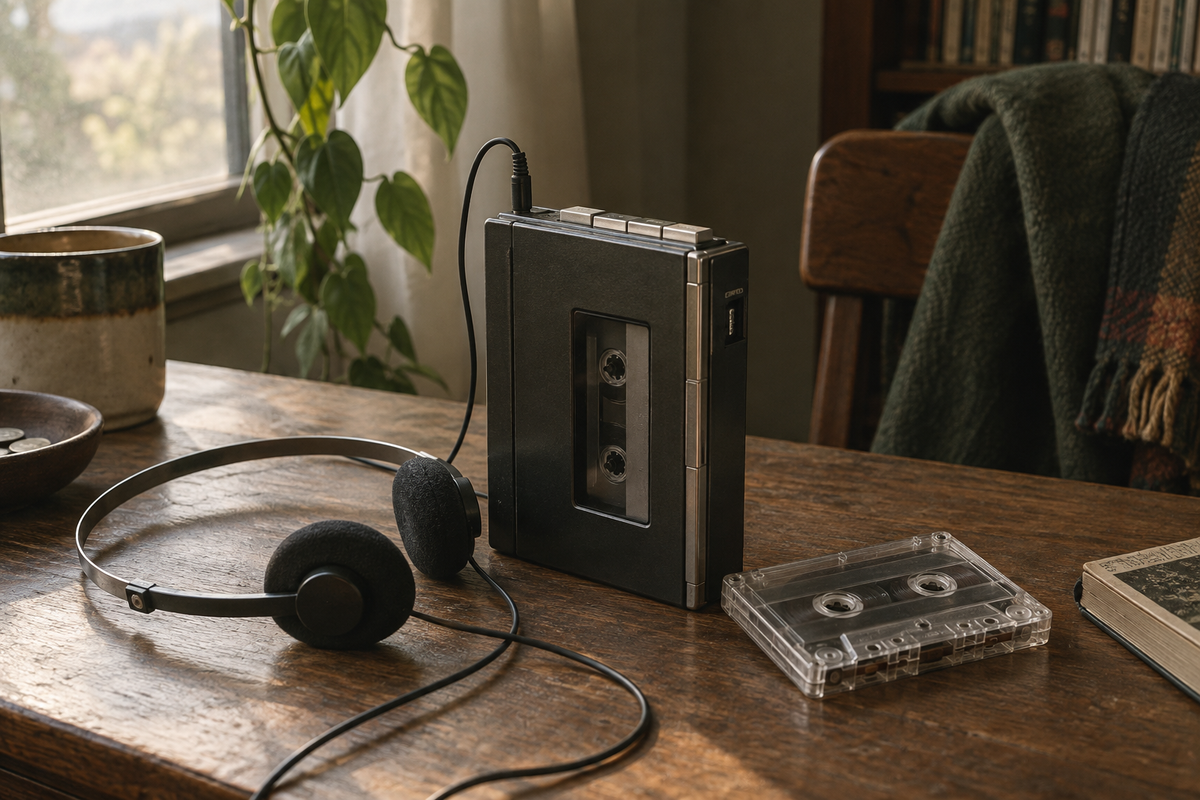 Draagbare cassettespeler met lichte hoofdtelefoon en een losse cassette op een houten tafel.