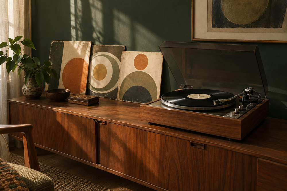Platenspeler en grafische platenhoezen op een houten dressoir in warm daglicht.