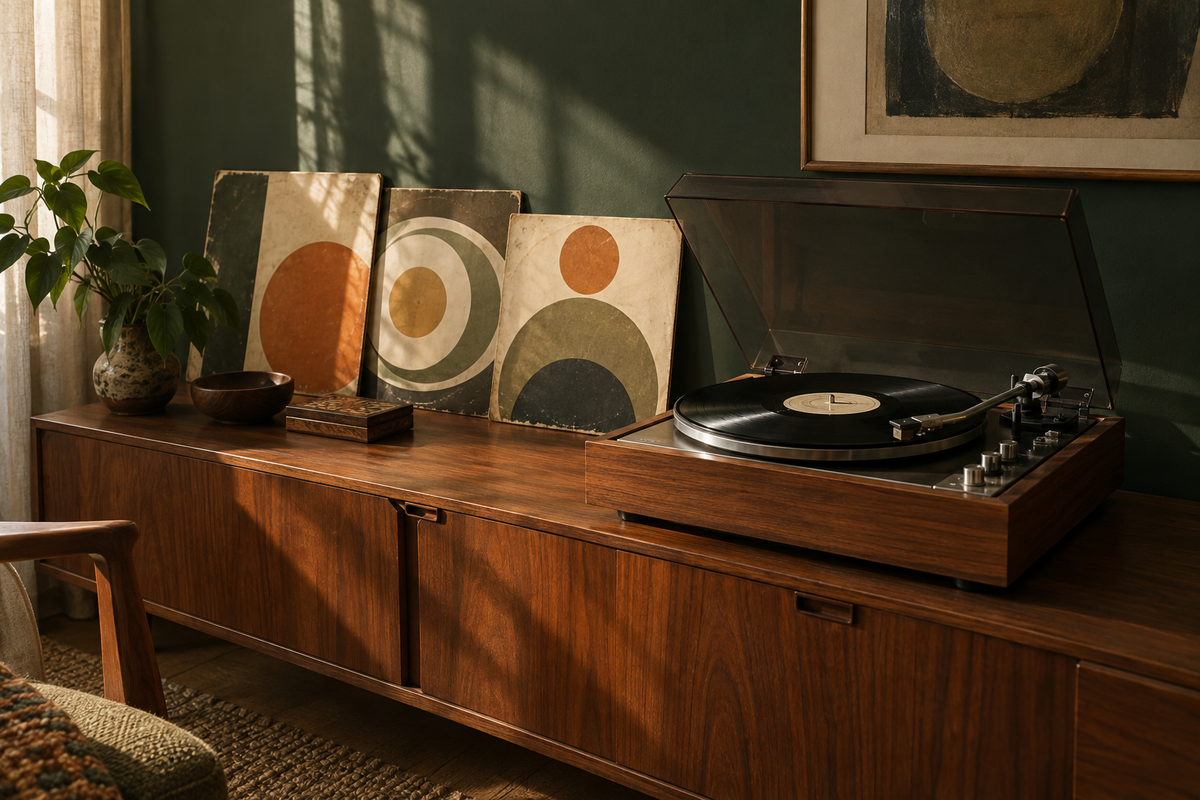 Platenspeler en grafische platenhoezen op een houten dressoir in warm daglicht.