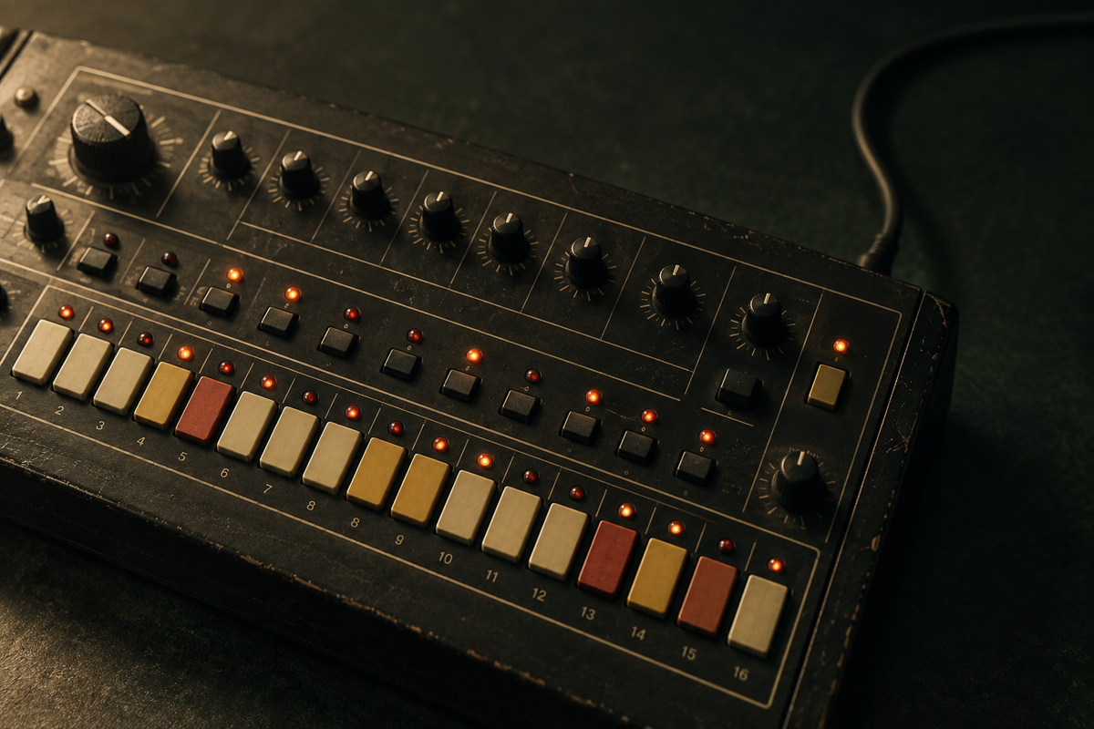 Vintage drumcomputer met gekleurde toetsen, draaiknoppen en verlichte controlelampjes.