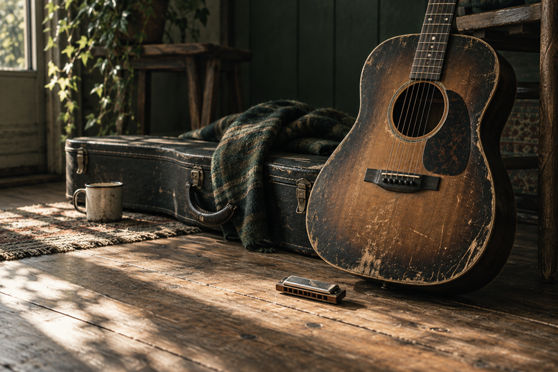Akoestische gitaar met een mondharmonica naast een gitaarkoffer op houten vloer.