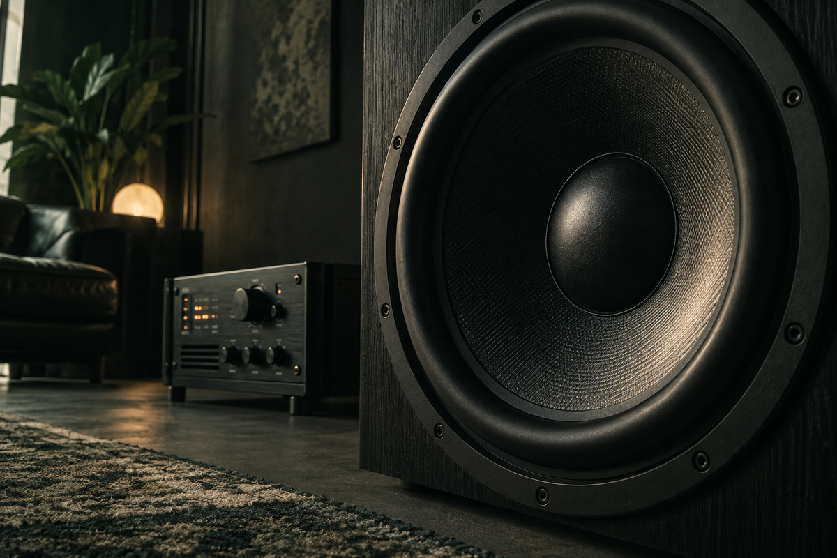 Grote subwoofer naast een compacte audio-unit in een donkere ruimte.