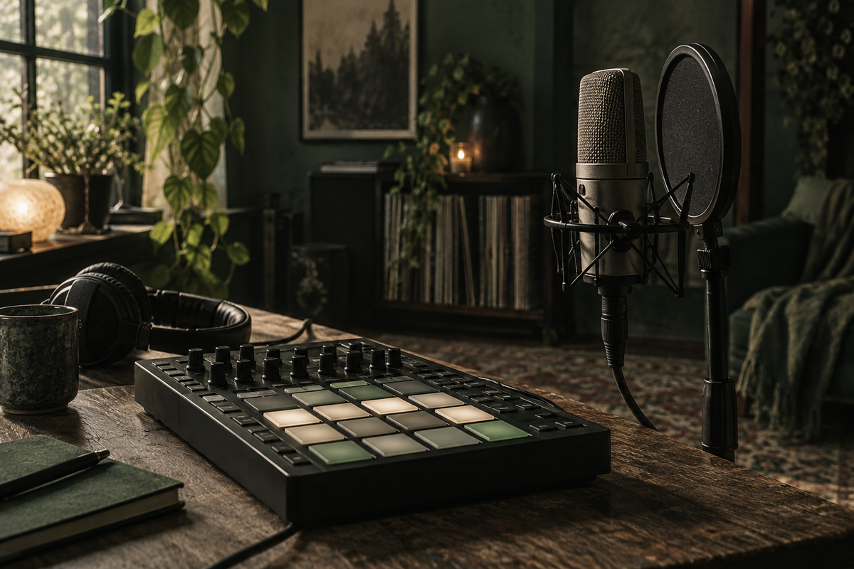 Drumcontroller naast een zangmicrofoon in een warm verlichte studio.