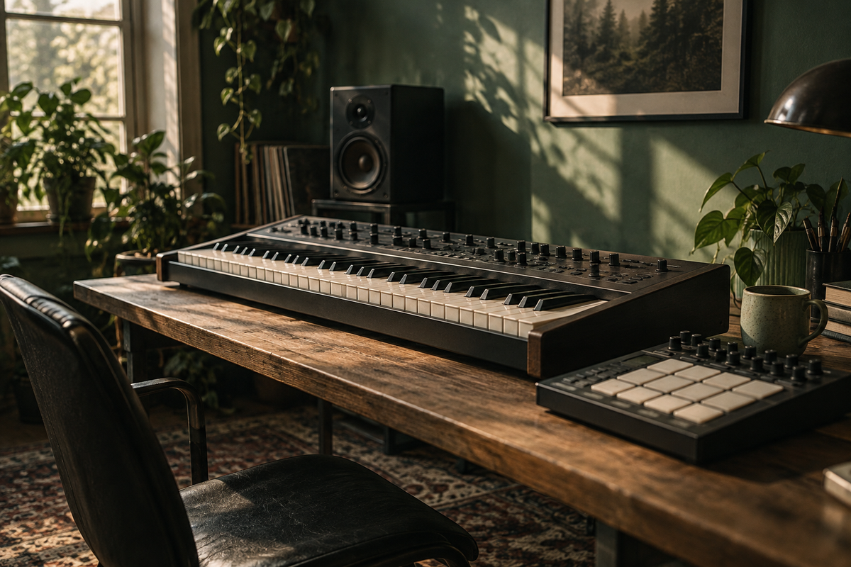 Elektrisch keyboard en kleine drumcontroller in een studio met groene muur.
