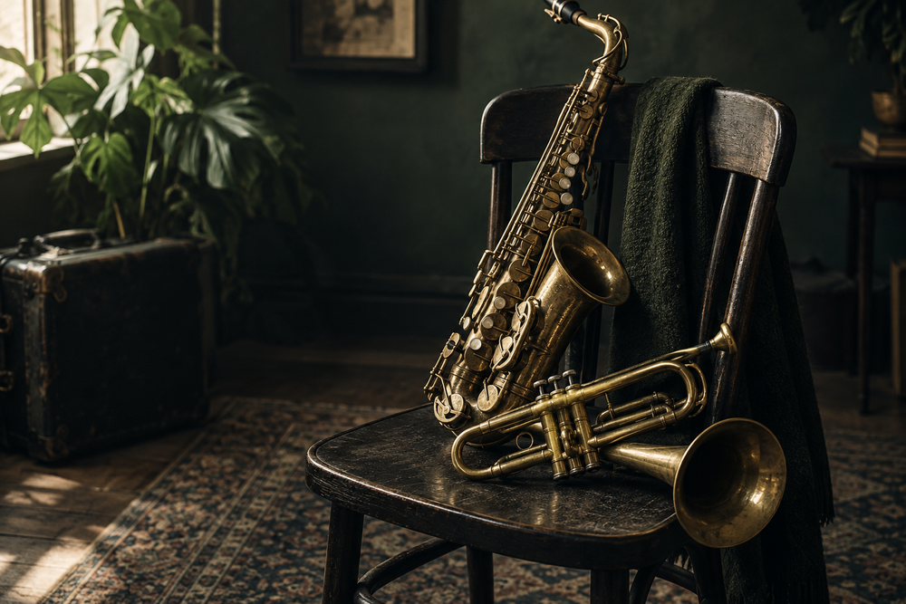 Altsaxofoon naast een trompet op een donkere houten stoel.