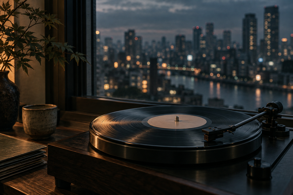 Draaitafel met een vinylplaat bij een raam met onscherpe stadslichten.